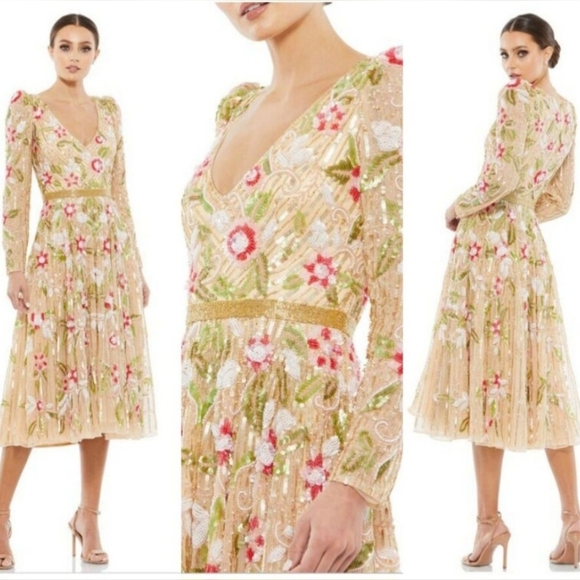 Mac Duggal 5415 Floral Beadwork Long Sleeve Dress - Picture 4 of 6